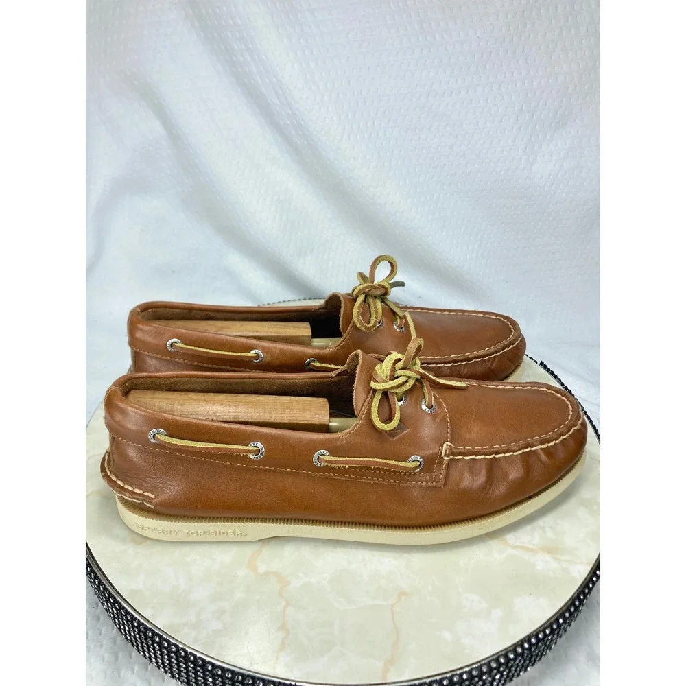 Sperry Top Sider Authentic Original Boat Shoes Men 10.5 Tan Leather 2-Eye Loafer